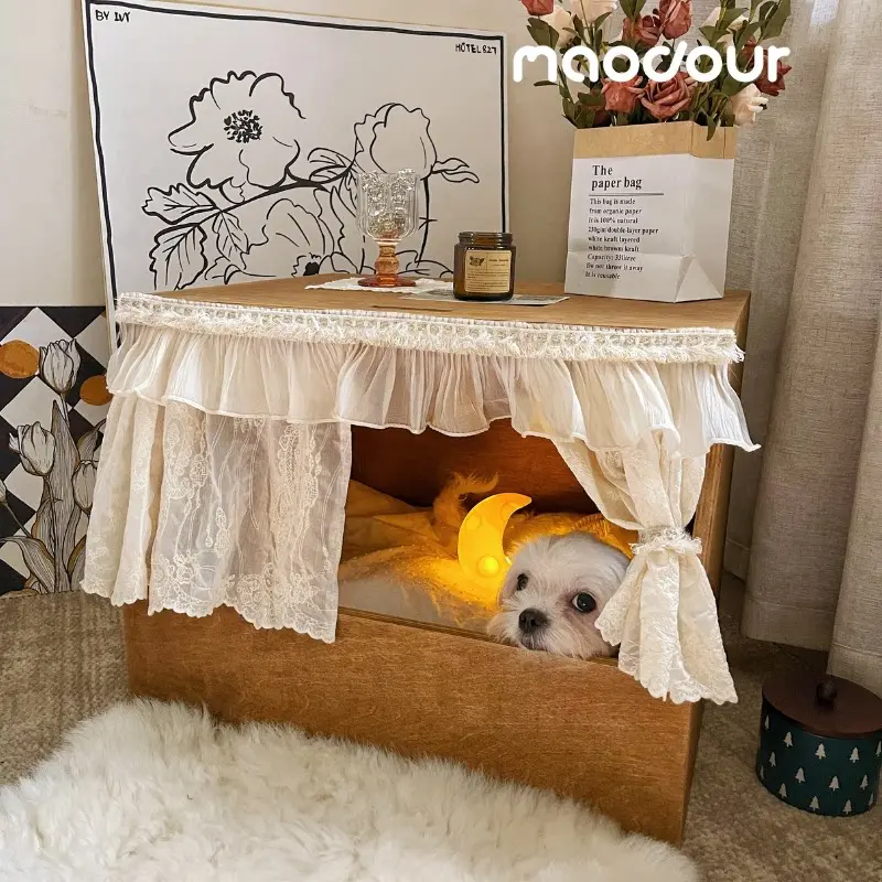 vintage oak pet bed - Curtained Lift-Top Wooden Pet House